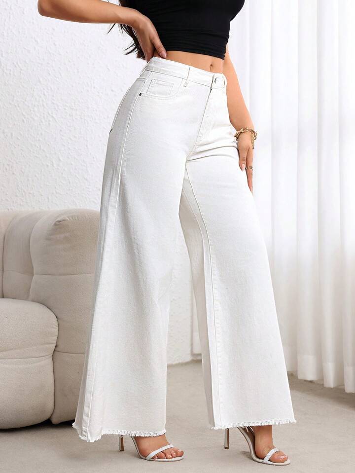 CM-BS881191 Women Casual Seoul Style Loose Pocketed Extra Long Wide Leg Denim Jeans - White