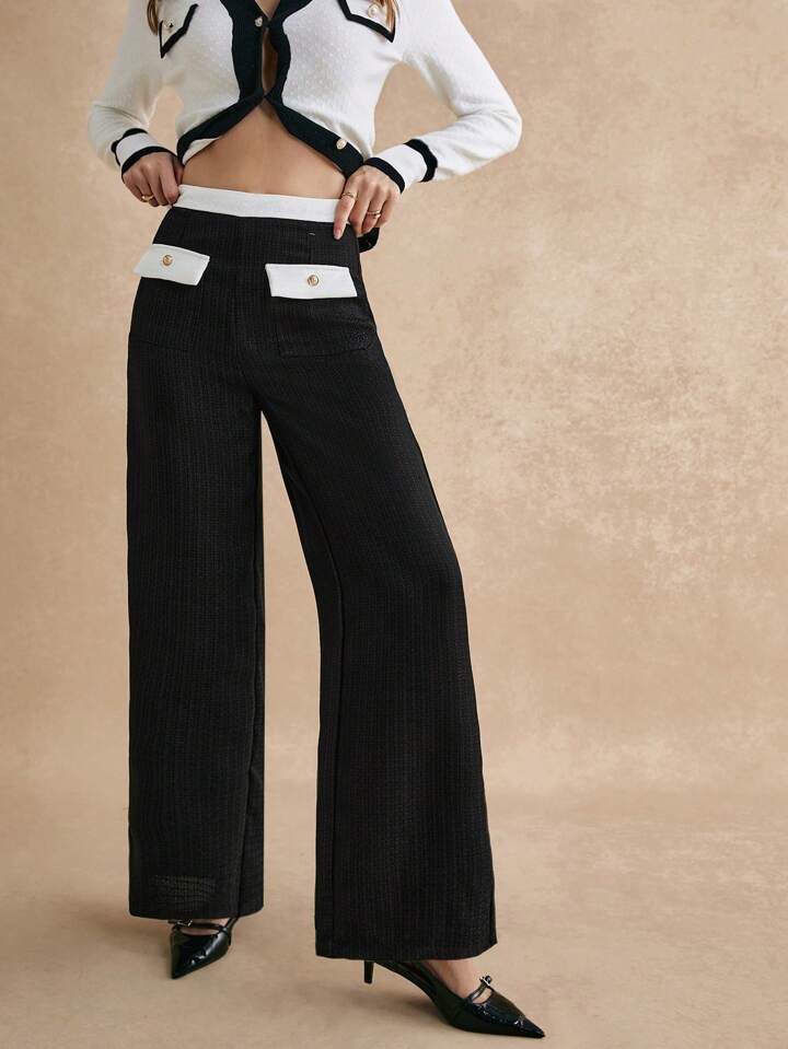 CM-BS914441 Women Elegant Seoul Style Tweed Patchwork Front Button Pocket Extra Long Pants