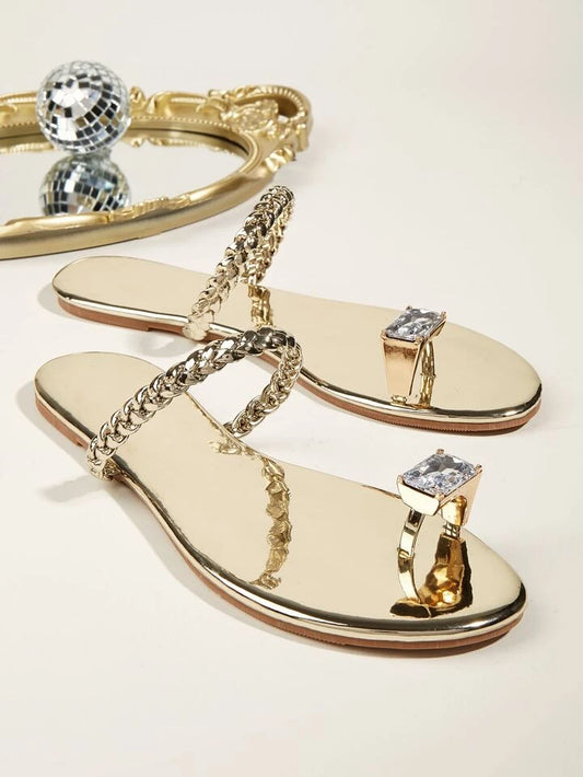 CM-SHS517273 Women Trendy Seoul Style Metallic Rhinestone Decor Braided Thong Flat Sandals - Gold