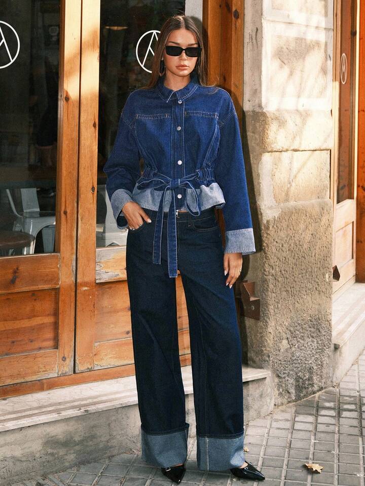 CM-CS044001 Women Elegant Seoul Style Dark Wash Collar Neckline Single Breasted Long Sleeve Denim Jacket