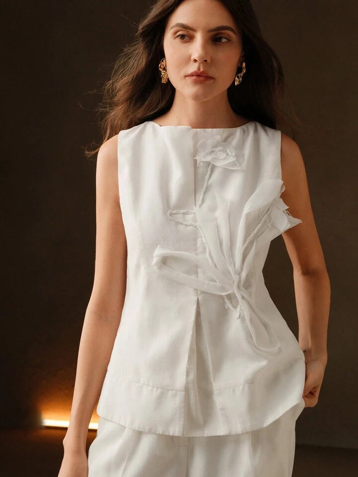 CM-TS269690 Women Elegant Seoul Style Fitted 3D Floral Design Boat Neck Sleeveless Top - White