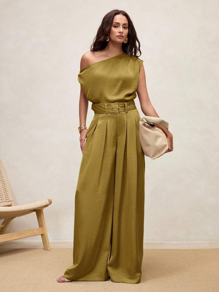 CM-BS266222 Women Casual Seoul Style High Waist Pleated Wide Leg Pants - Khaki