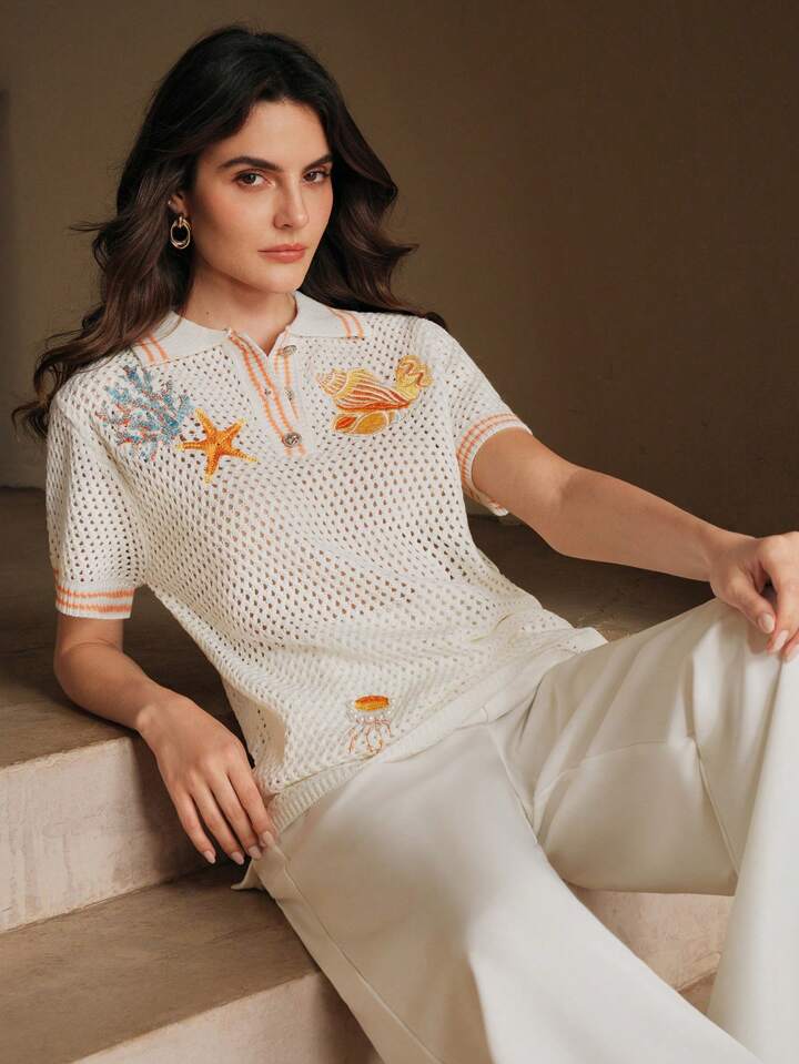 CM-TS135189 Women Casual Seoul Style Starfish Embroidery Seashell Polo Neckline Short Sleeve Knit Top