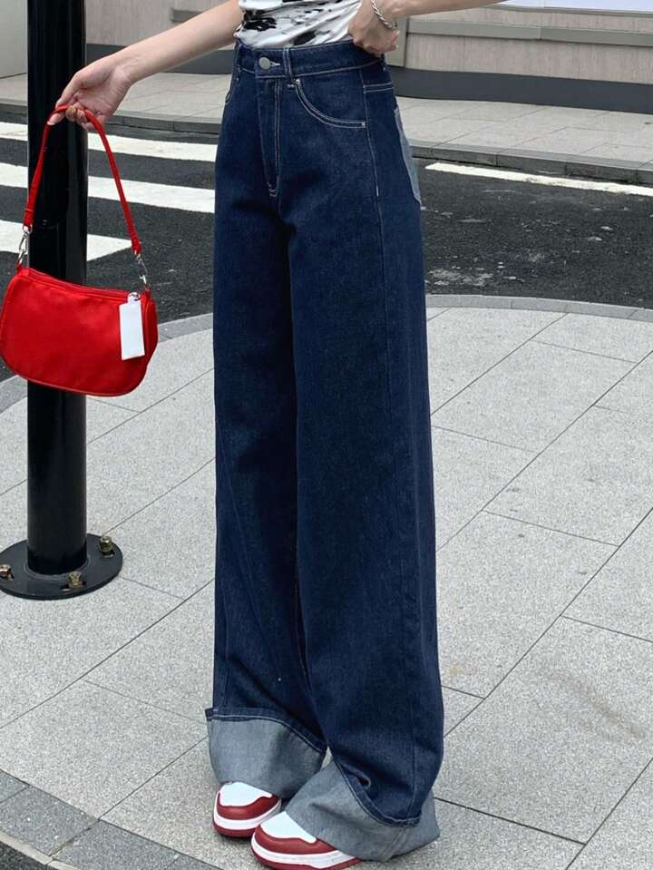 CM-BS770267 Women Casual Seoul Style Dark Wash Mid Waist Distressed Wide Leg Denim Jeans