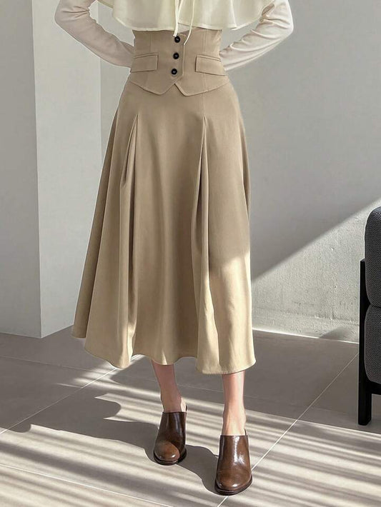 CM-BS000500 Women Trendy Bohemian Style High Waist Button Detail Skirt - Khaki