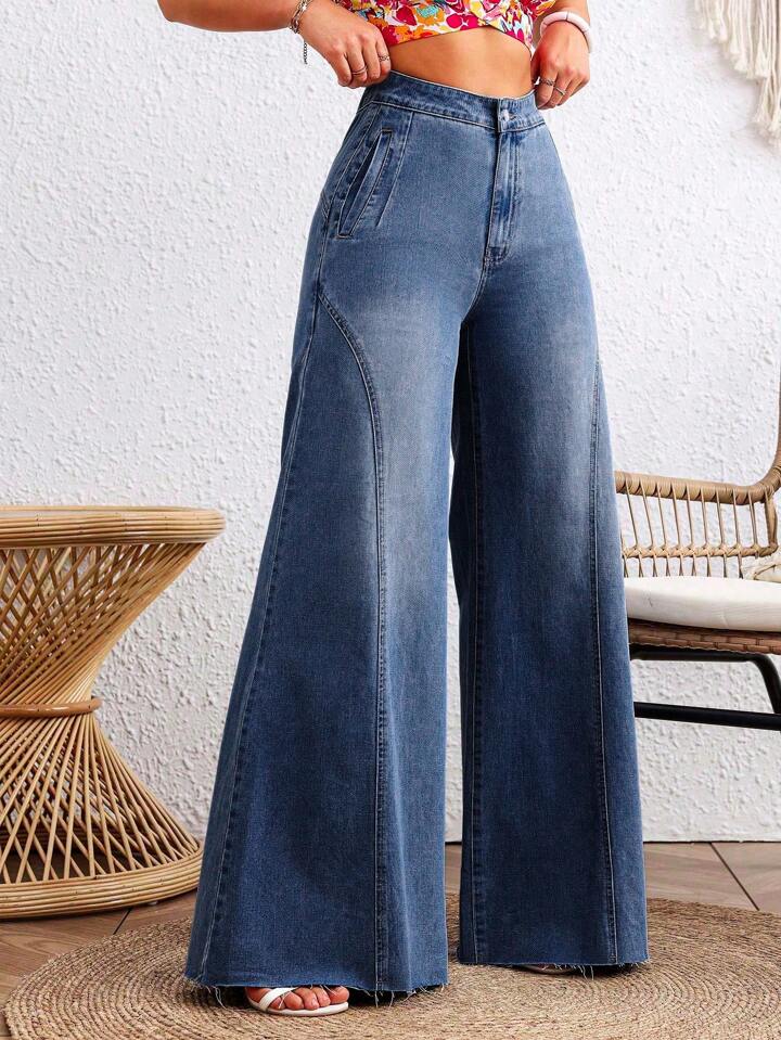 CM-BS585435 Women Casual Seoul Style Dark Wash Loose Button Zipper Mom Fit Wide Leg Denim Pants