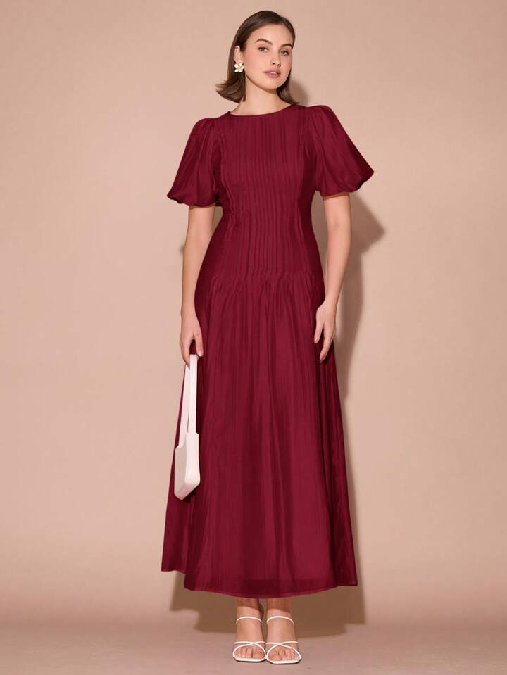 CM-DS101609 Women Elegant Seoul Style Round Neck Bubble Pleat Puff Long Sleeve Maxi Dress - Burgundy
