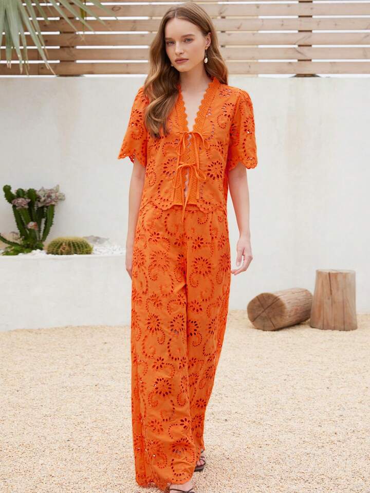 CM-SS428229 Women Trendy Bohemian Style V-Neck Short Sleeve Bowknot Tie Blouse With Long Pants - Set