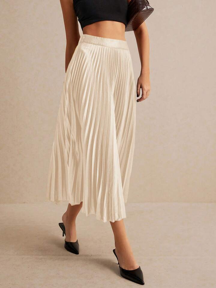 CM-BS060690 Women Elegant Seoul Style High Waist Solid Pleated Skirt - Apricot