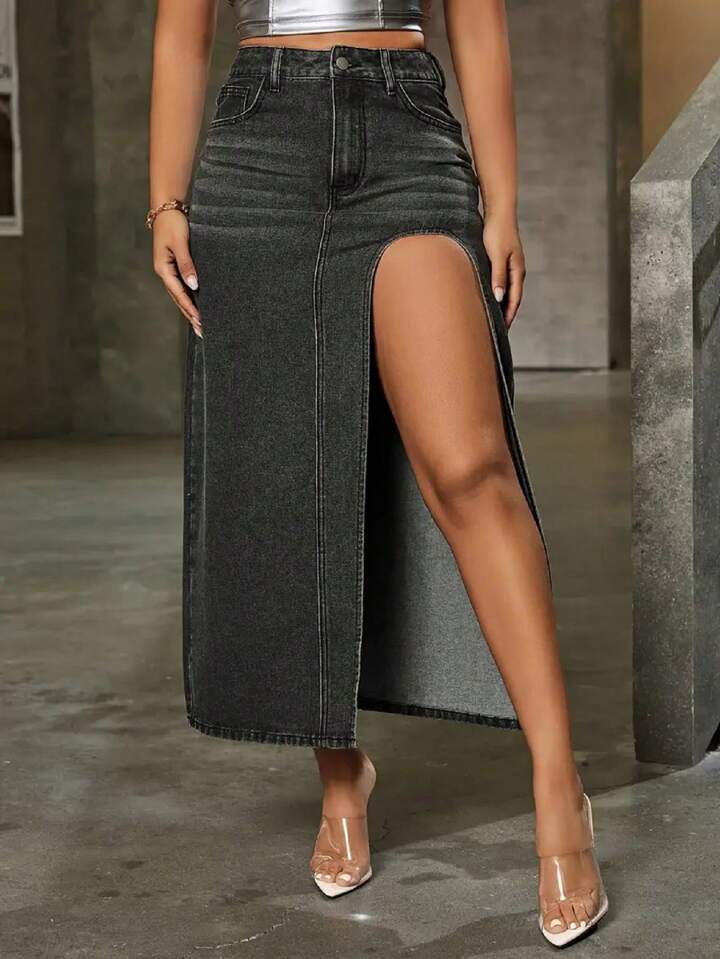 CM-BS713649 Women Casual Seoul Style Solid Color Split Thigh Denim Skirt - Black