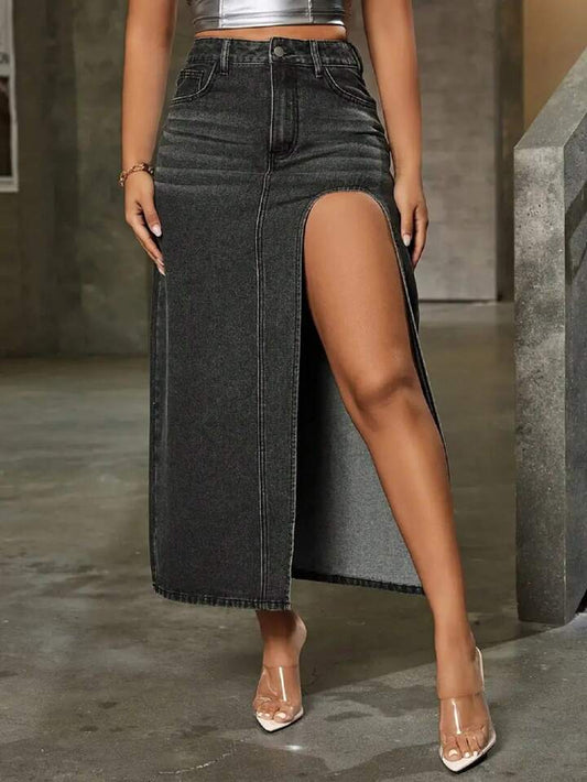 CM-BS713649 Women Casual Seoul Style Solid Color Split Thigh Denim Skirt - Black