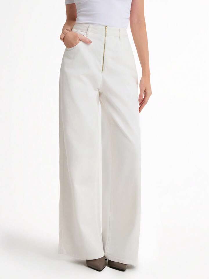 CM-BS771236 Women Casual Seoul Style High Waist Extra Long Denim Straight Leg Pants - White