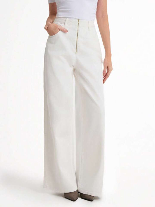 CM-BS771236 Women Casual Seoul Style High Waist Extra Long Denim Straight Leg Pants - White