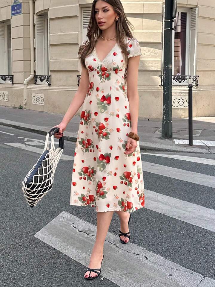 CM-DS583454 Women Casual Seoul Style Strawberry And Ditsy Floral V-Neck Puff Sleeve Midi Dress