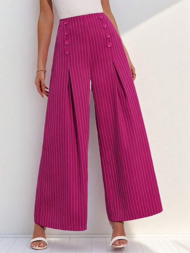 CM-BS907070 Women Casual Seoul Syle Striped High Waist Pleated Wide Leg Pants