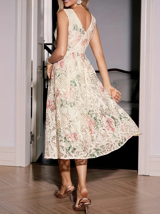 CM-DT164668 Women Elegant Seoul Style Round Neck Backless Sleeveless Lace Dress - Apricot