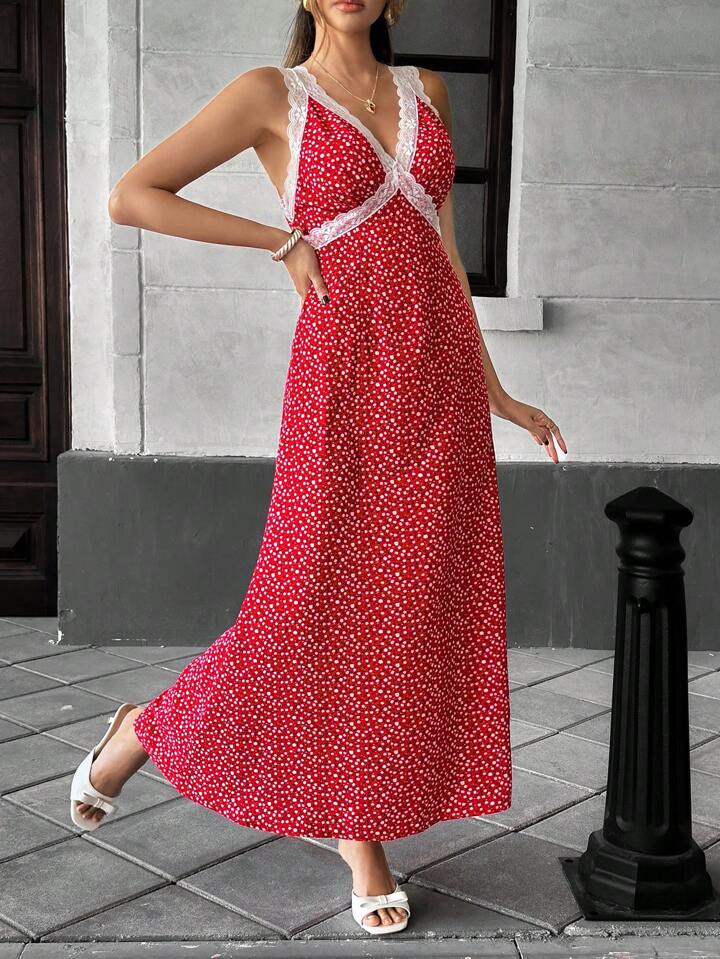 CM-DS666489 Women Casual Seoul Style Lace Panel Floral Print V-Neck Sleeveless Dress