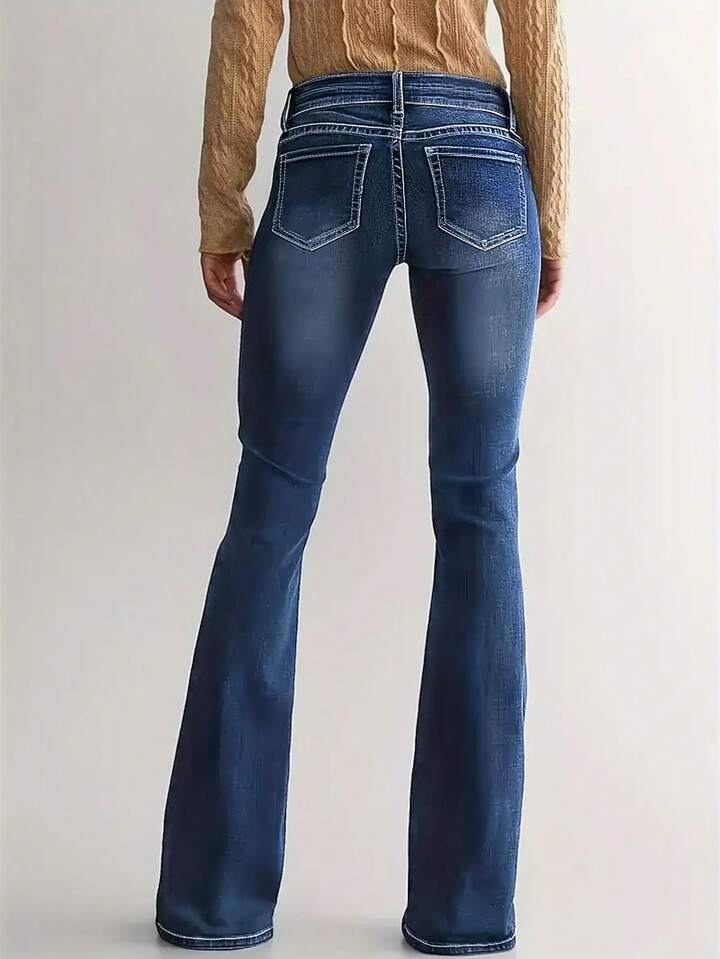 CM-BS378658 Women Casual Seoul Style Dark Wash Low Waist Slim Fit Flared Jeans