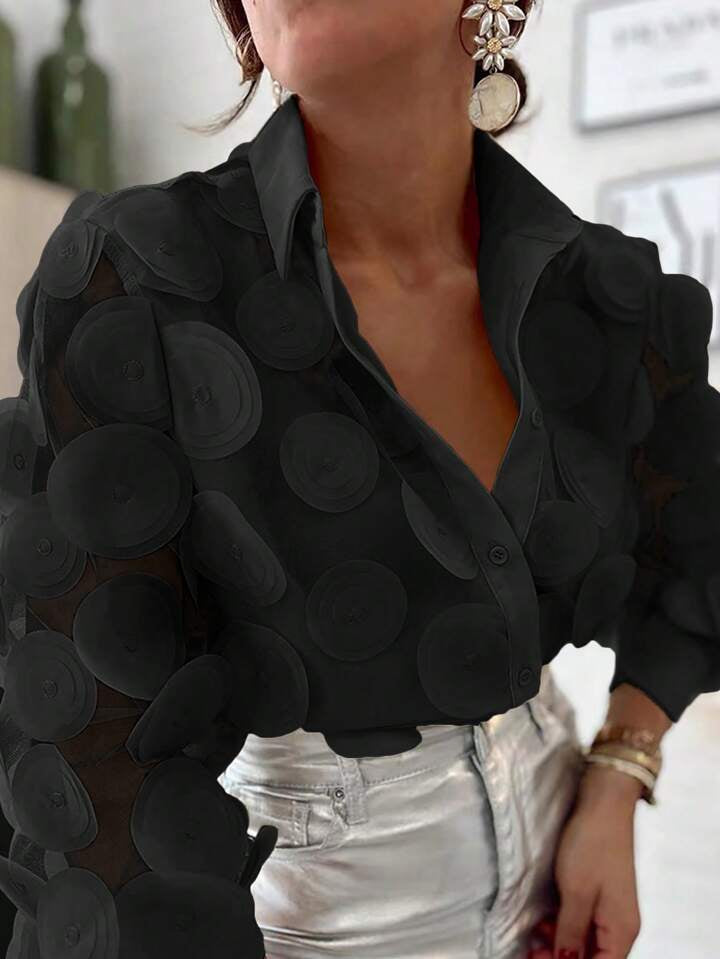 CM-TS751257 Women Elegant Seoul Style 3D Petal Chiffon Hollow Out Lantern Sleeves Shirt - Black