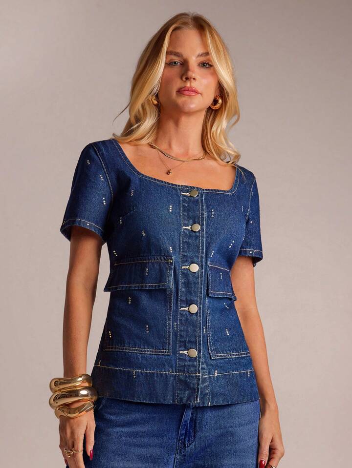 CM-TS718151 Women Casual Seoul Style Collar Neckline Puff Sleeve Single Breasted Denim Top - Blue