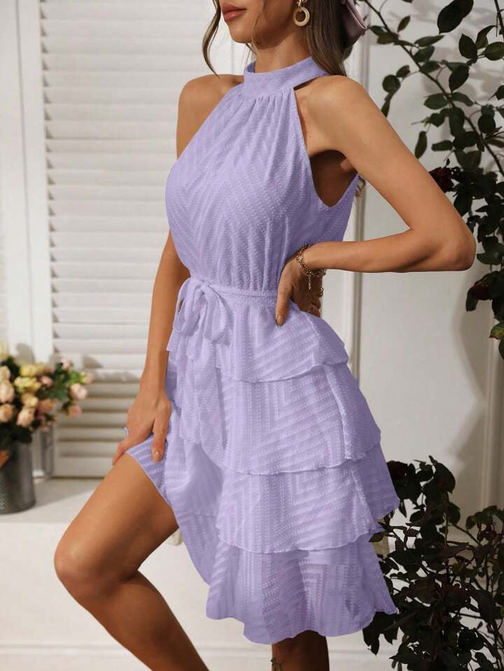 CM-DS415034 Women Casual Seoul Style Off Shoulder Multi-Layer Hem Dress - Purple
