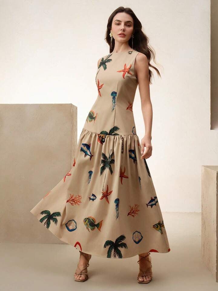 CM-DS821000 Women Elegant Seoul Style Round Neck Sleeveless Ruched Waist A-Line Maxi Dress - Khaki