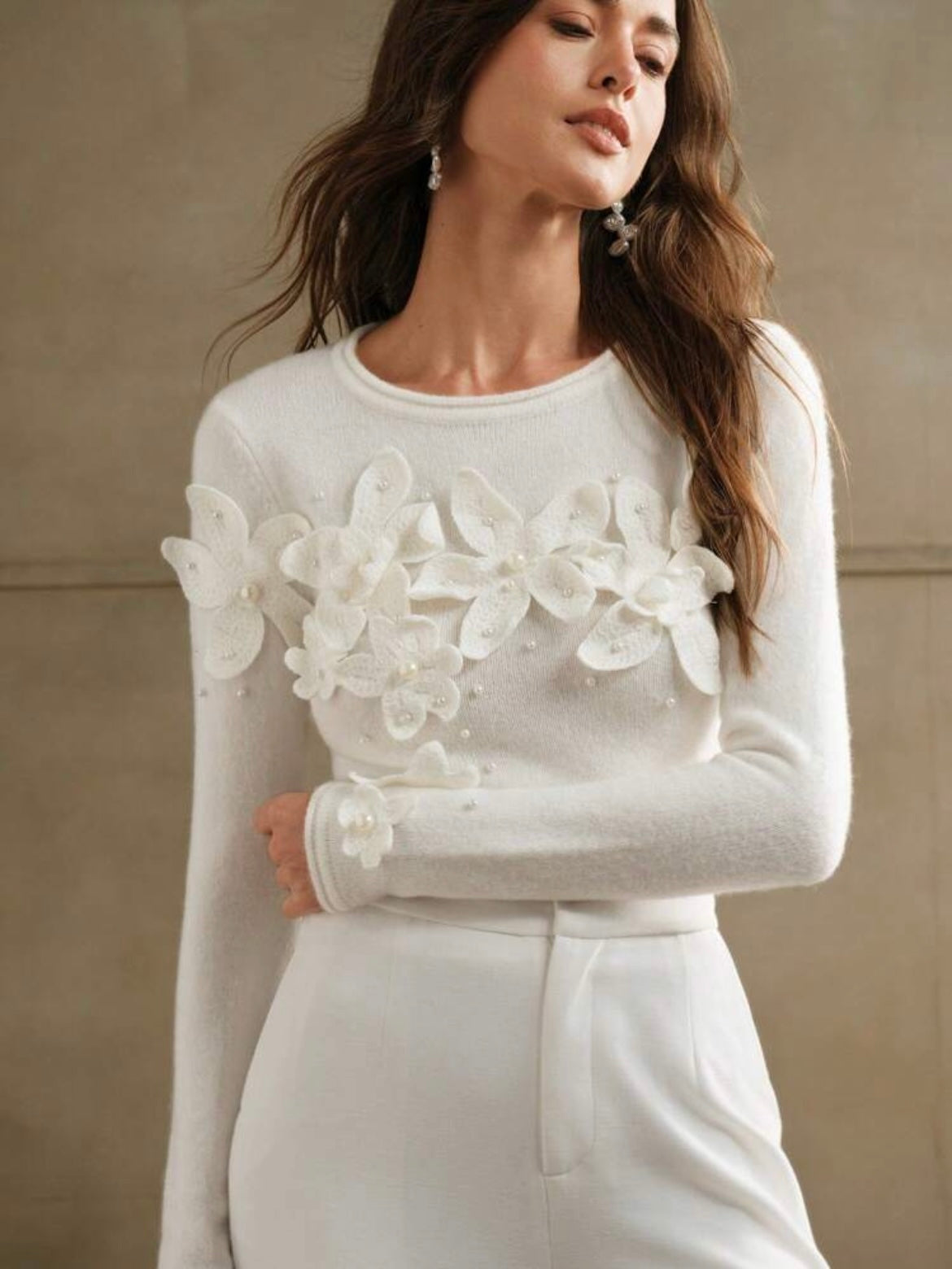 CM-TS124269 Women Elegant Seoul Style Crochet Floral Pearl Decor Crew Neck Layer Top - White