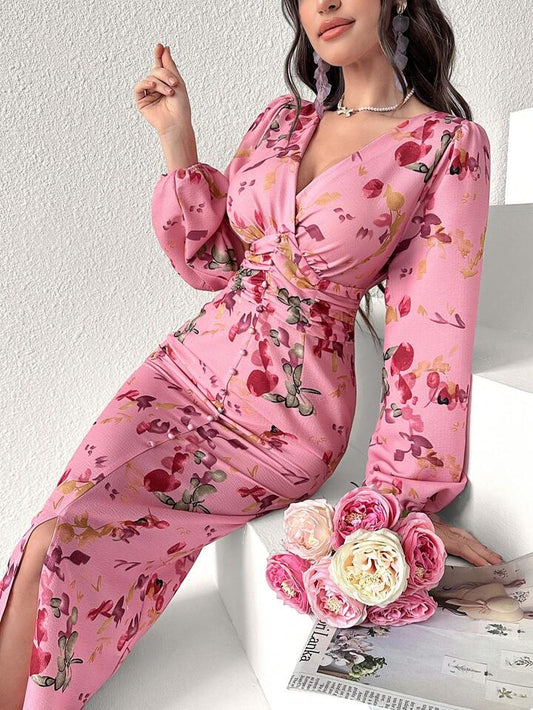 CM-DS851550 Women Casual Seoul Style V-Neck Button Down Long Sleeve Cinched Waist Dress - Pink