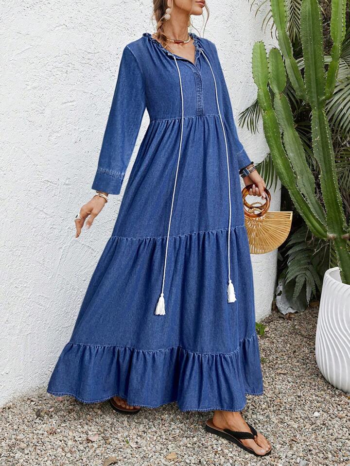CM-DS659151 Women Trendy Bohemian Style Medium Wash Round Neck 3/4 Sleeve Loose Long Denim Dress