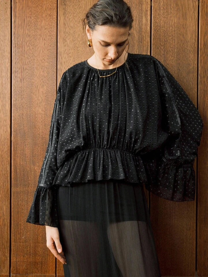 CM-TS538131 Women Elegant Seoul Style Polka Dot Chiffon Jacquard Drop Shoulder Waist Ruffle Design Hem Blouse