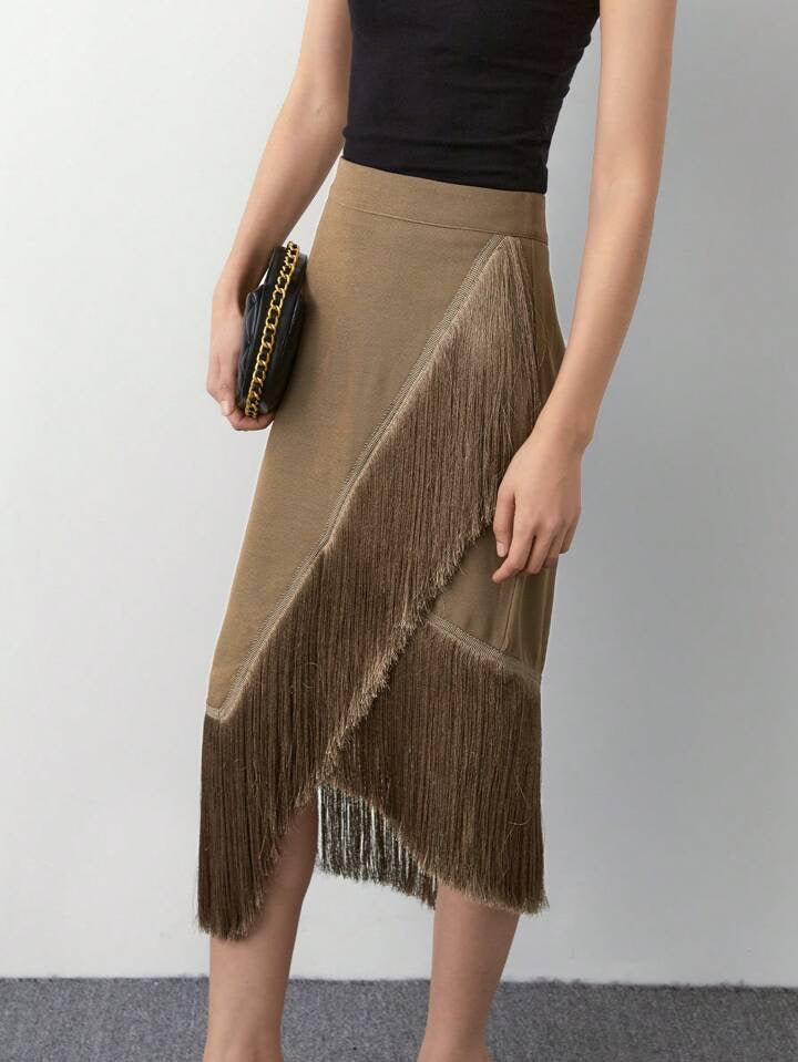 CM-BS733235 Women Trendy Bohemian Style Patchwork Tassel Knitted Skirt - Mocha Brown