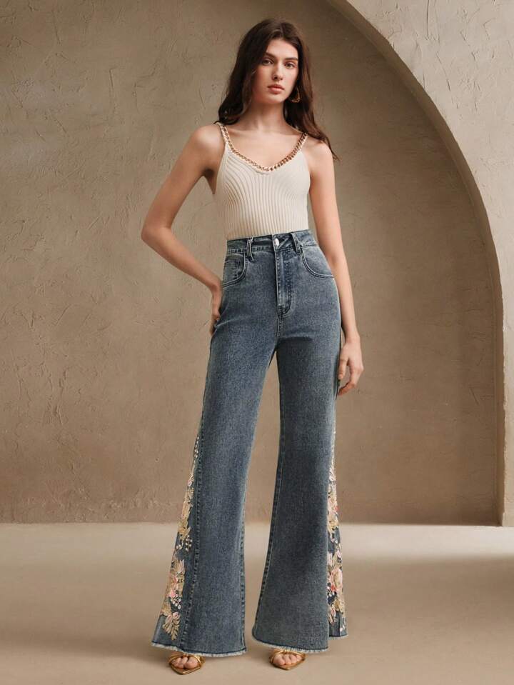 CM-BS720720 Women Elegant Seoul Style Floral Embroidered High Waist Wide Leg Denim Jeans - Blue