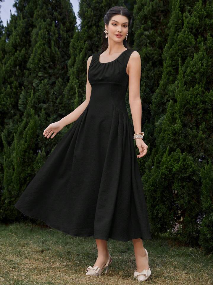 CM-DS541324 Women Elegant Seoul Style Solid Color Sleeveless Pleated A-Line Midi Dress - Black