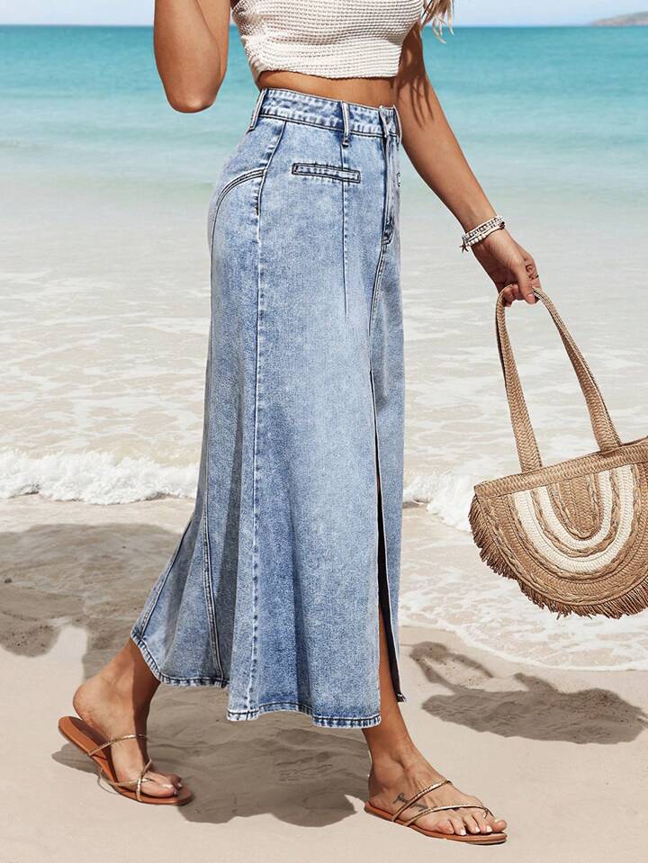 CM-BS573153 Women Casual Seoul Style Washed Asymmetrical Slit Fishtail Denim Skirt - Blue