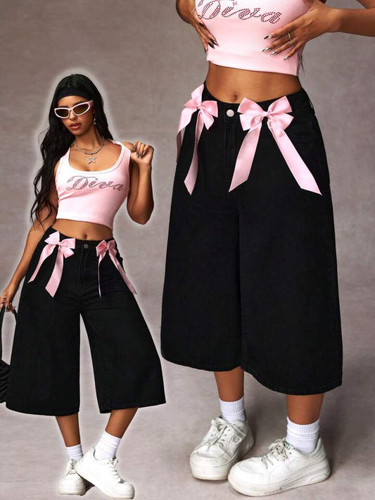 CM-BS596463 Women Casual Seoul Style Bow Tie Decor Color Block Pockets Loose Denim Jeans - Black