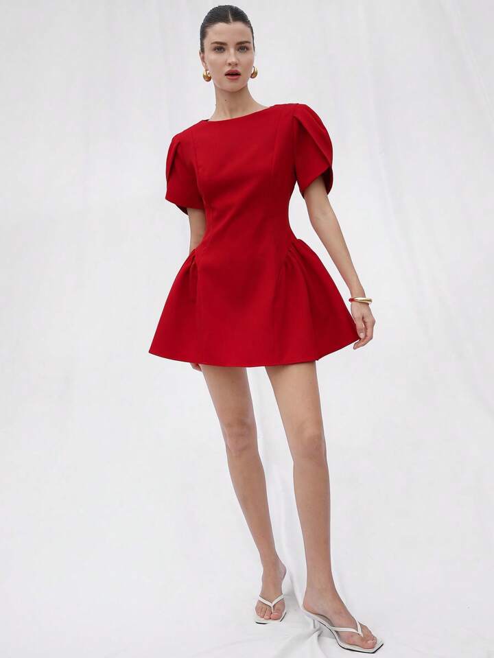 CM-DS891979 Women Elegant Seoul Style Tulip Print Puff Spliced Hem Round Neck Short Sleeve Dress - Red