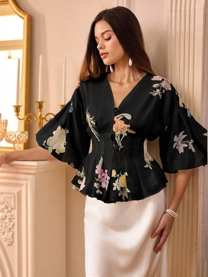 CM-TS421071 Women Elegant Seoul Style V-Neck Organza Floral Print Puff Sleeve Blouse - Black