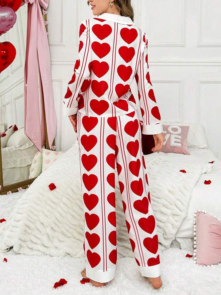 CM-LS406663 Women Trendy Seoul Style Heart Print Contrast Color Lapel Pocket Long Sleeve Pajamas Set
