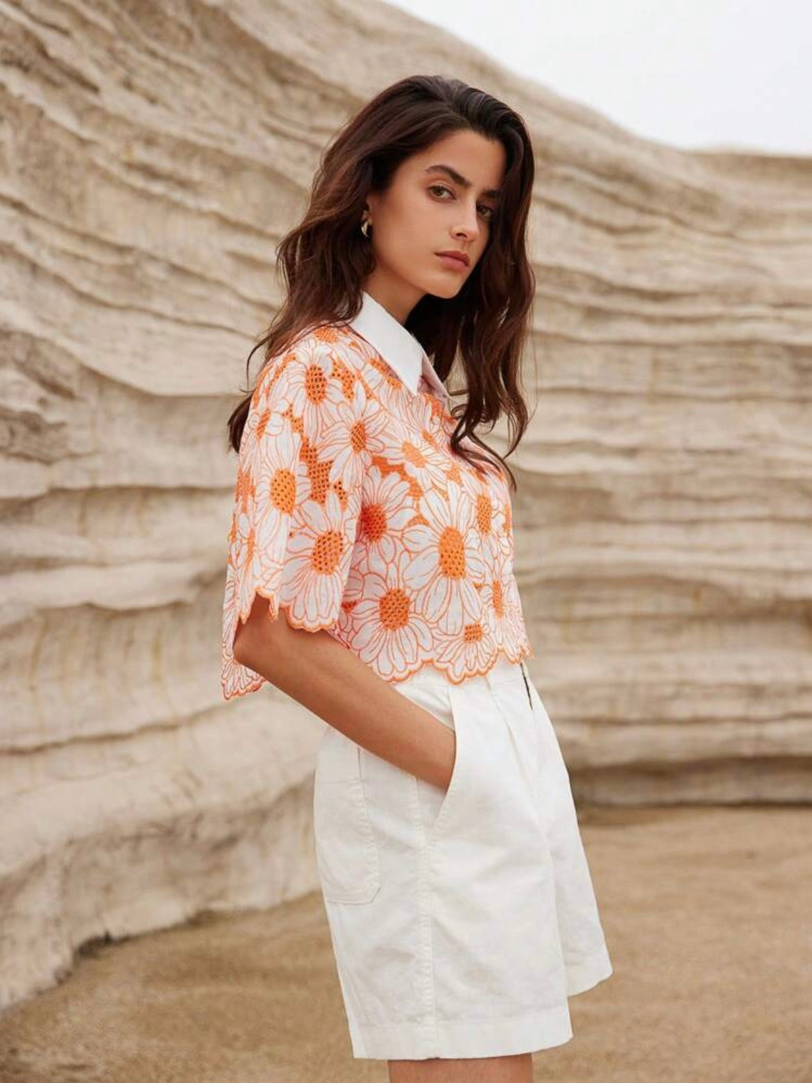 CM-TS660151 Women Trendy Bohemian Style Daisy Embroidery Hollow Out Shirt - Orange