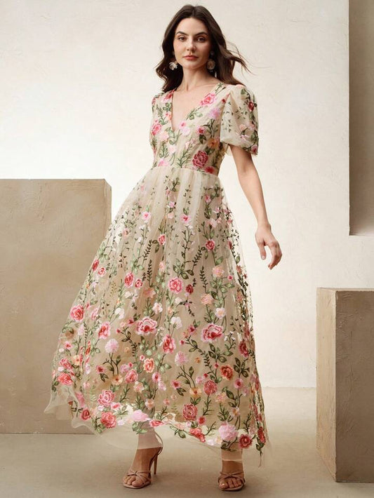 CM-DS791018 Women Elegant Seoul Style Embroidered Floral V-Neck Puff Sleeve A-Line Midi Dress - Baby Pink