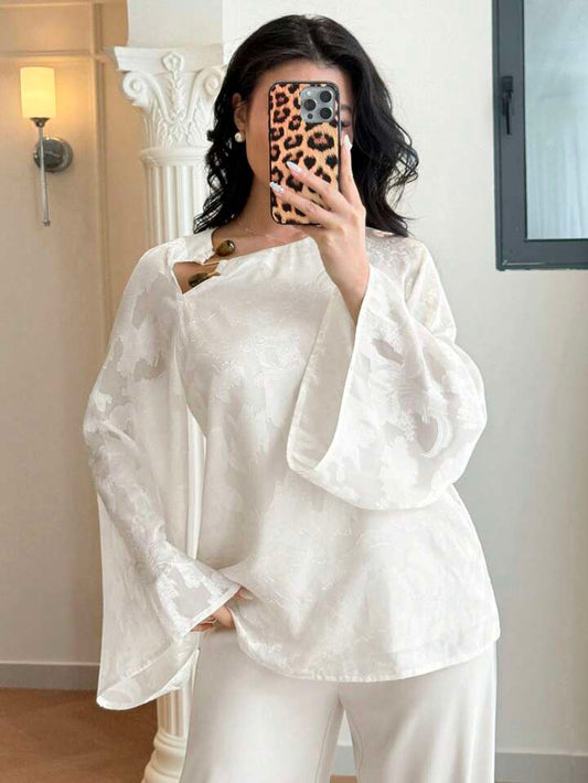 CM-TS548888 Women Elegant Seoul Style Notched Collar Embroidery Long Sleeve Blouse - Apricot