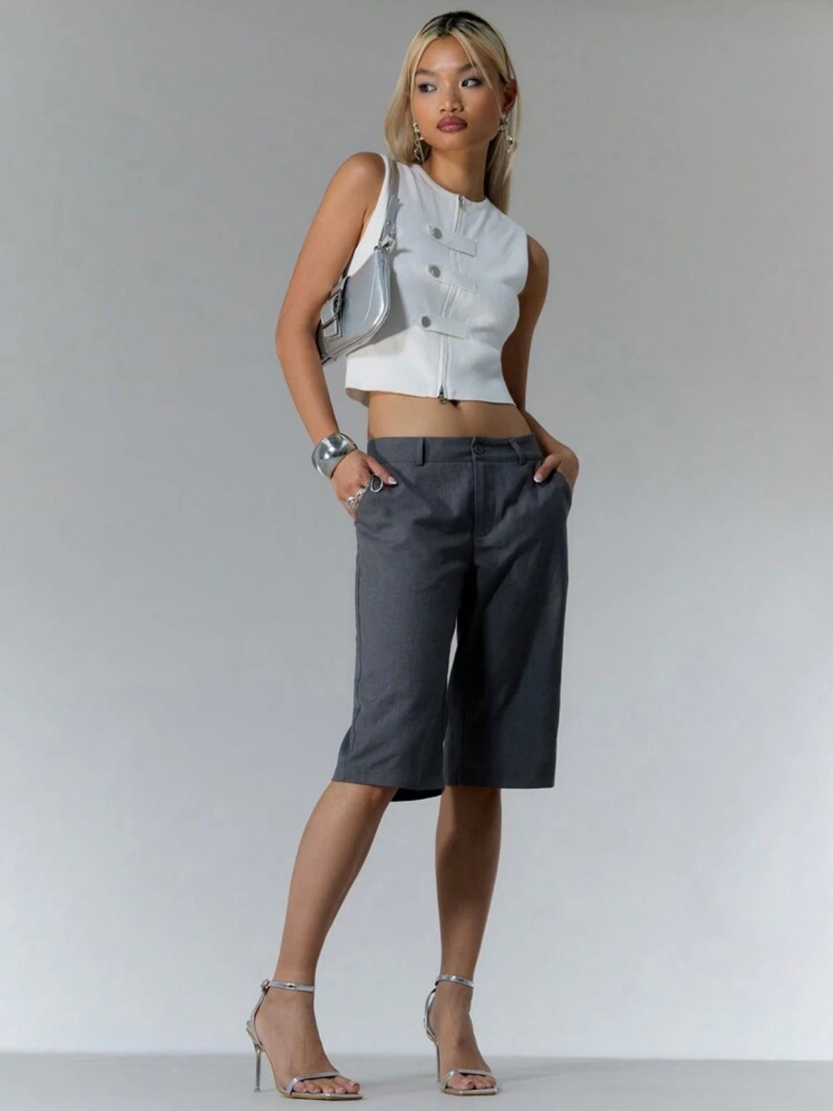 CM-BS189787 Women Casual Seoul Style Drop Waist Woven Tailored Longline Shorts - Gray