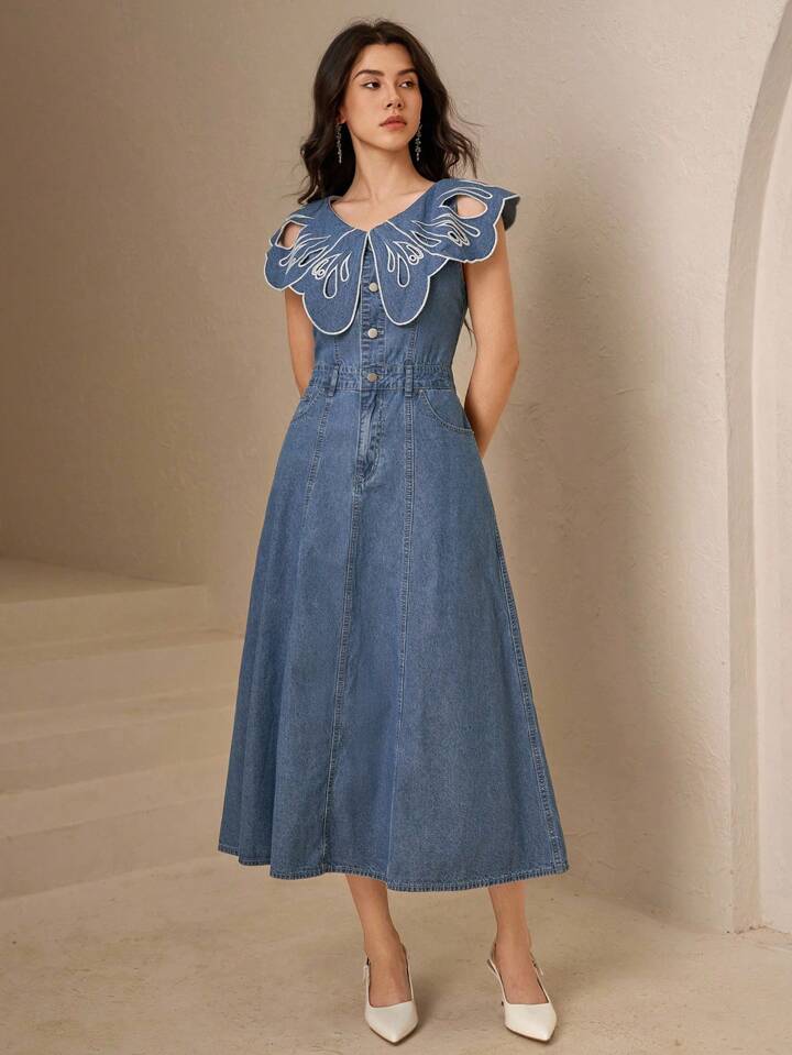 CM-DS084902 Women Elegant Seoul Style Light Wash Hollow Out V-Neck Collar Flounce Sleeve Denim Dress