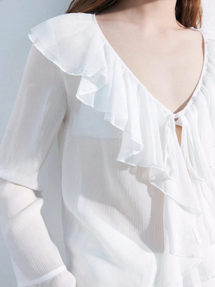 CM-TS244649 Women Casual Seoul Style Solid Color Ruffle Trim Flare Sleeve Blouse - White