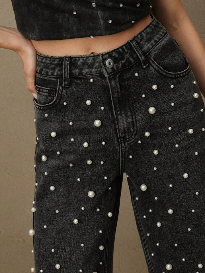 CM-BS791900 Women Casual Seoul Style High Waist Pearl Embellished Straight Loose Wide Leg Jeans - Black