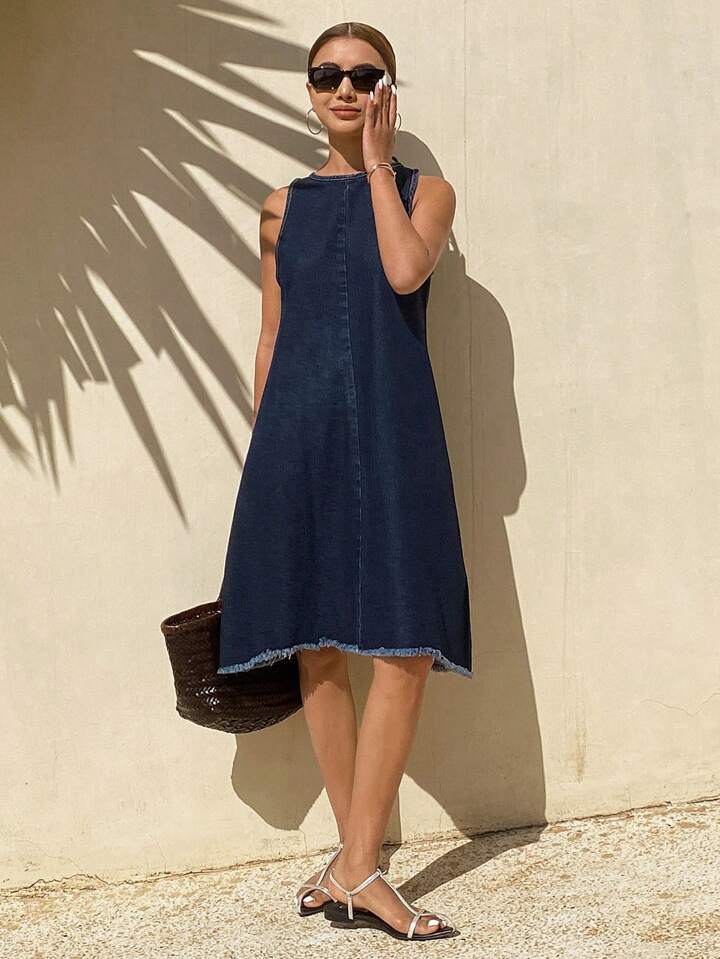 CM-DS784537 Women Casual Seoul Style Medium Wash Backless Drawstring Tie-Up Hollow Denim Dress