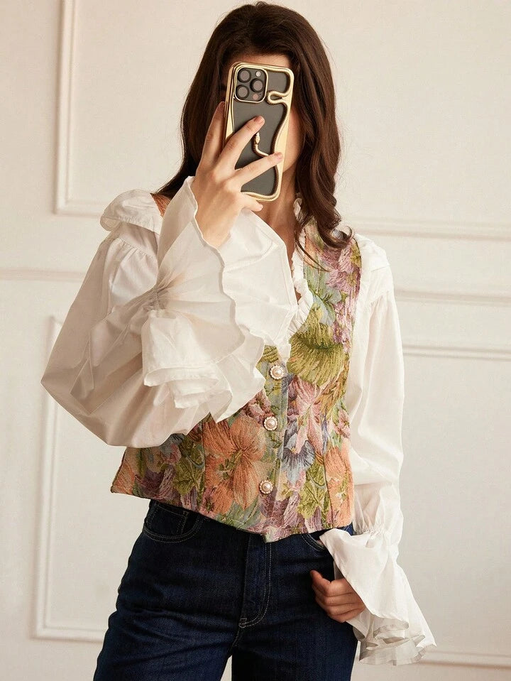 CM-TS413203 Women Casual Seoul Style Jacquard Patchwork Faux Tencel Contrast Collar Ruffle Bubble Long Sleeve Blouse