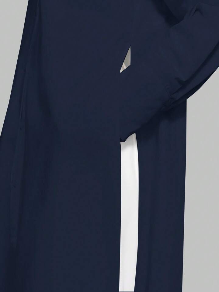 CM-TS896861 Women Casual Seoul Style Shirt Collar Long Sleeve Front Button High Slit Long Shirt - Navy Blue