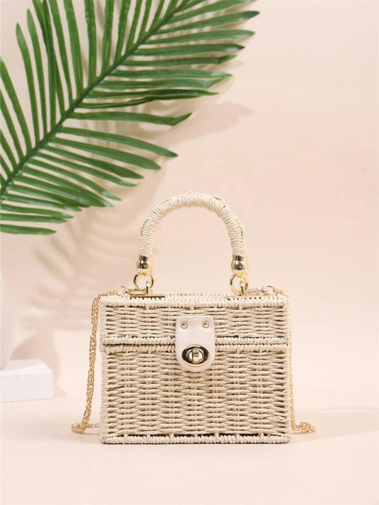 CM-BGS698559 Women Trendy Seoul Style Minimalist Twist Lock Flap Straw Bag - Beige