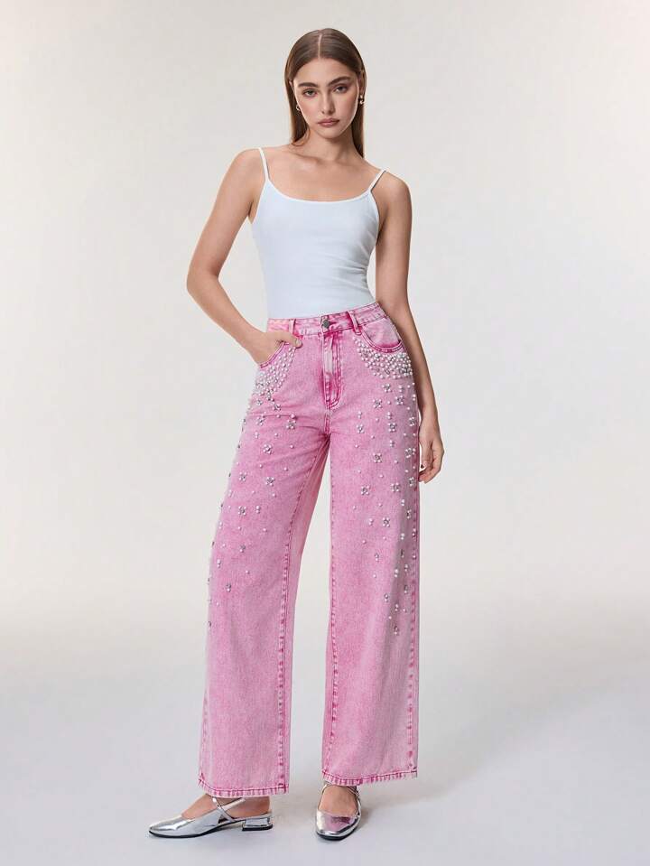 CM-BS416742 Women Casual Seoul Style Pearl Decor Pocket Wide Leg Loose Fit Jeans - Pink